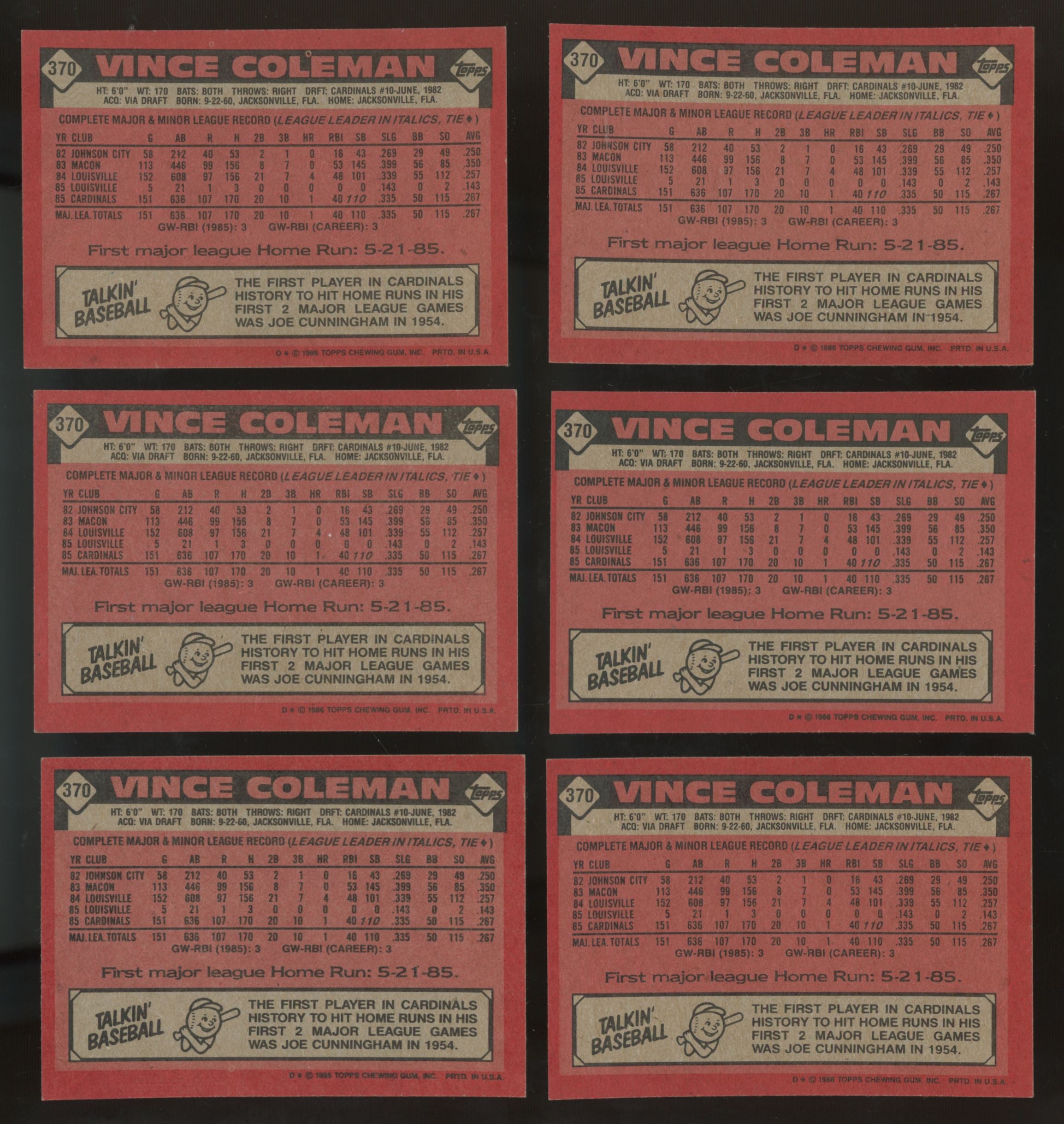 1986 Topps Vince Coleman #370 (Lot of 42)