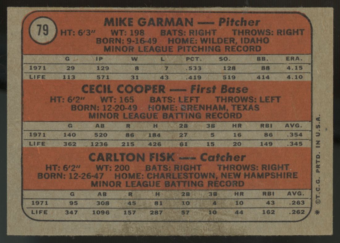 1972 Topps Carlton Fisk, Cooper, Garman RC #79 EX/MT