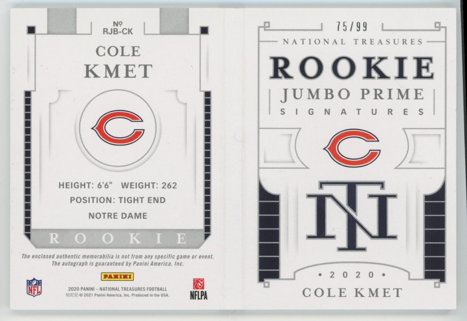2020 National Treasures Cole Kmet RC Jumbo Prime Patch Auto Booklet RPA/99