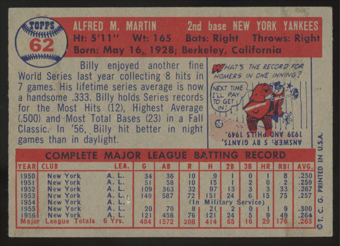 1957 Topps Billy Martin #62 EX