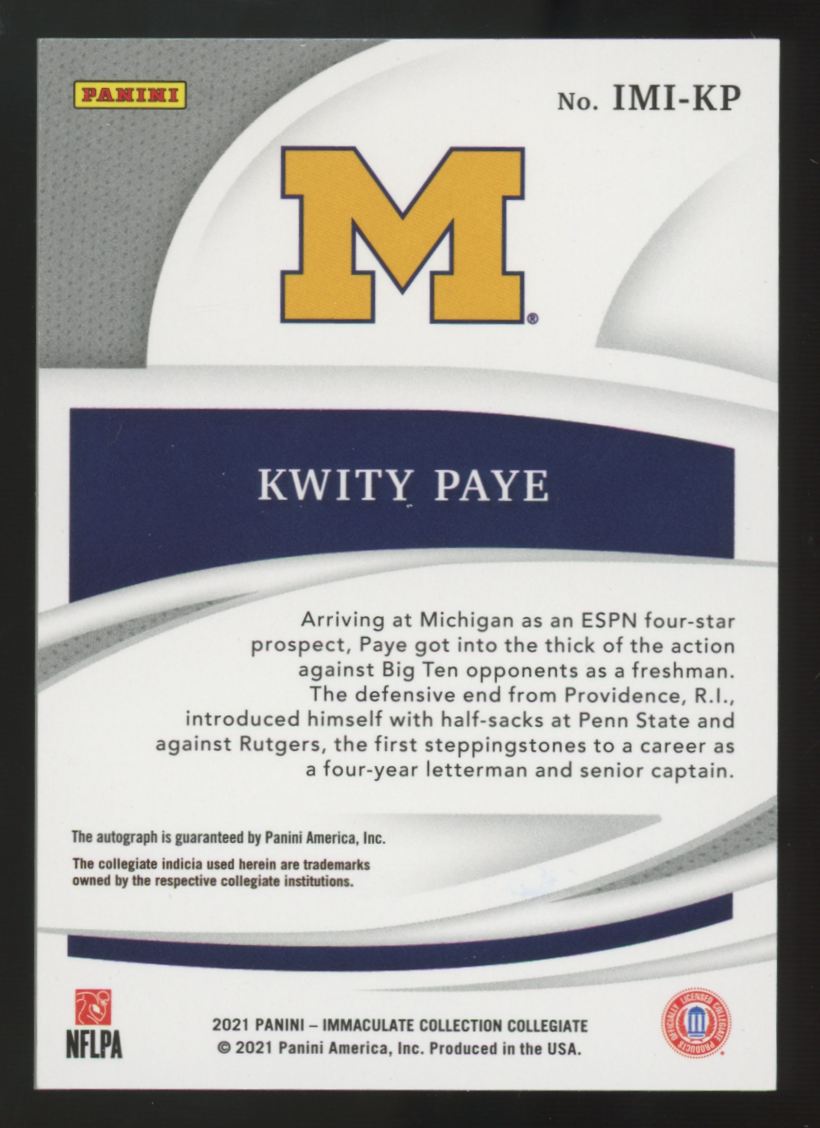 2021 Immaculate Collegiate Kwitty Paye RC Gold Introductions Auto /10 #IMI-KP