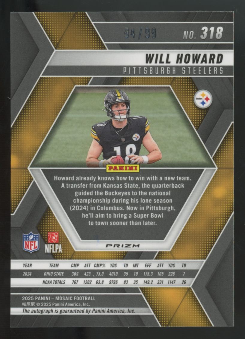 2025 Panini Mosaic Will Howard RC Blue Auto /99 #318