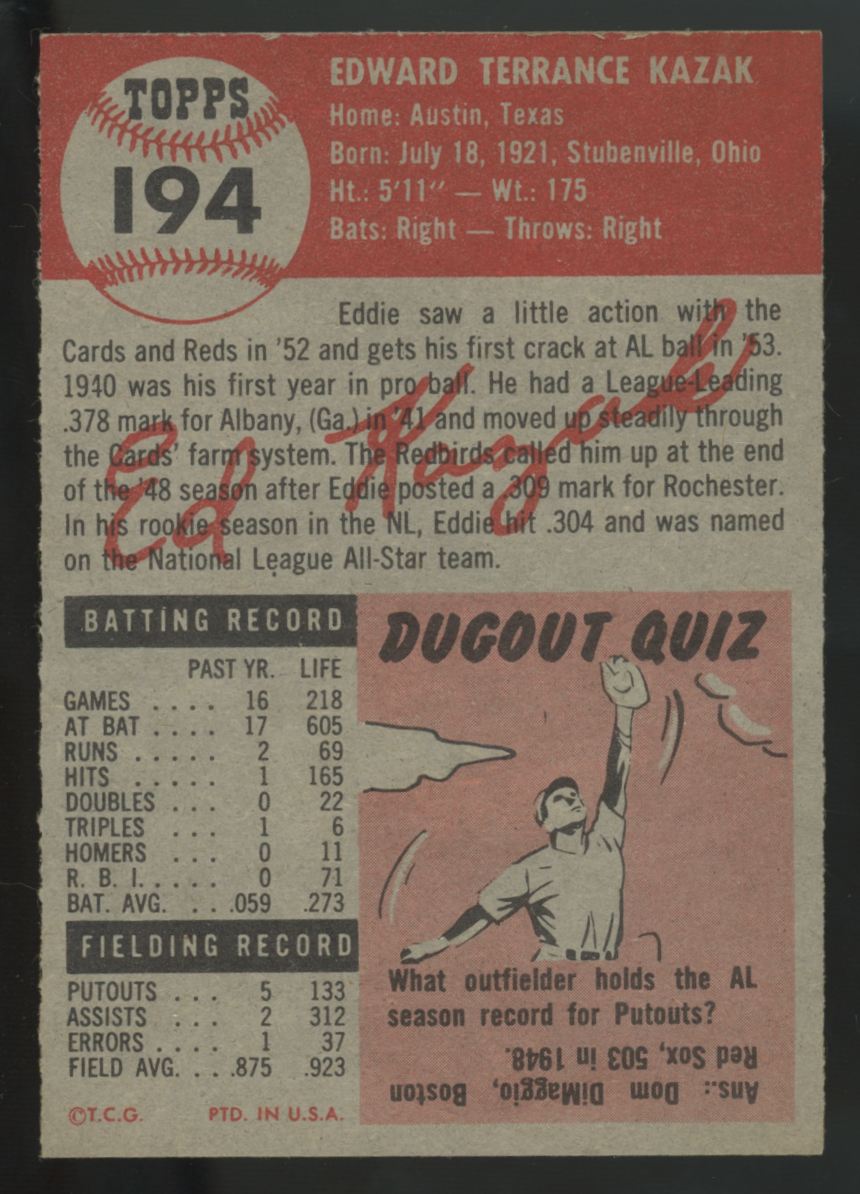 1953 Topps Eddie Kazak #194 NM