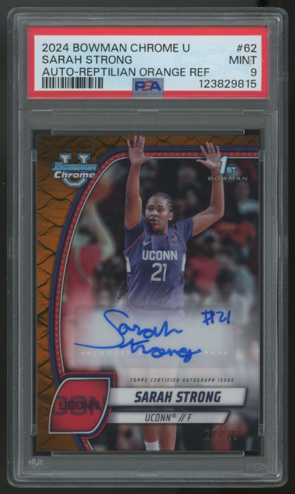 2024-25 Bowman Chrome U Sarah Strong 1st Orange Reptilian Auto /25 #62 PSA 9