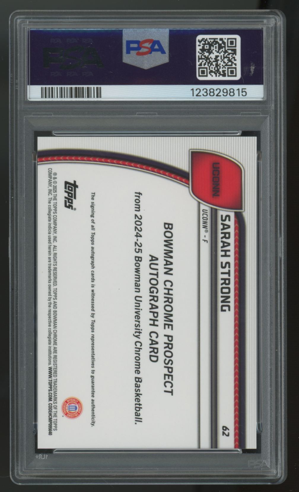 2024-25 Bowman Chrome U Sarah Strong 1st Orange Reptilian Auto /25 #62 PSA 9
