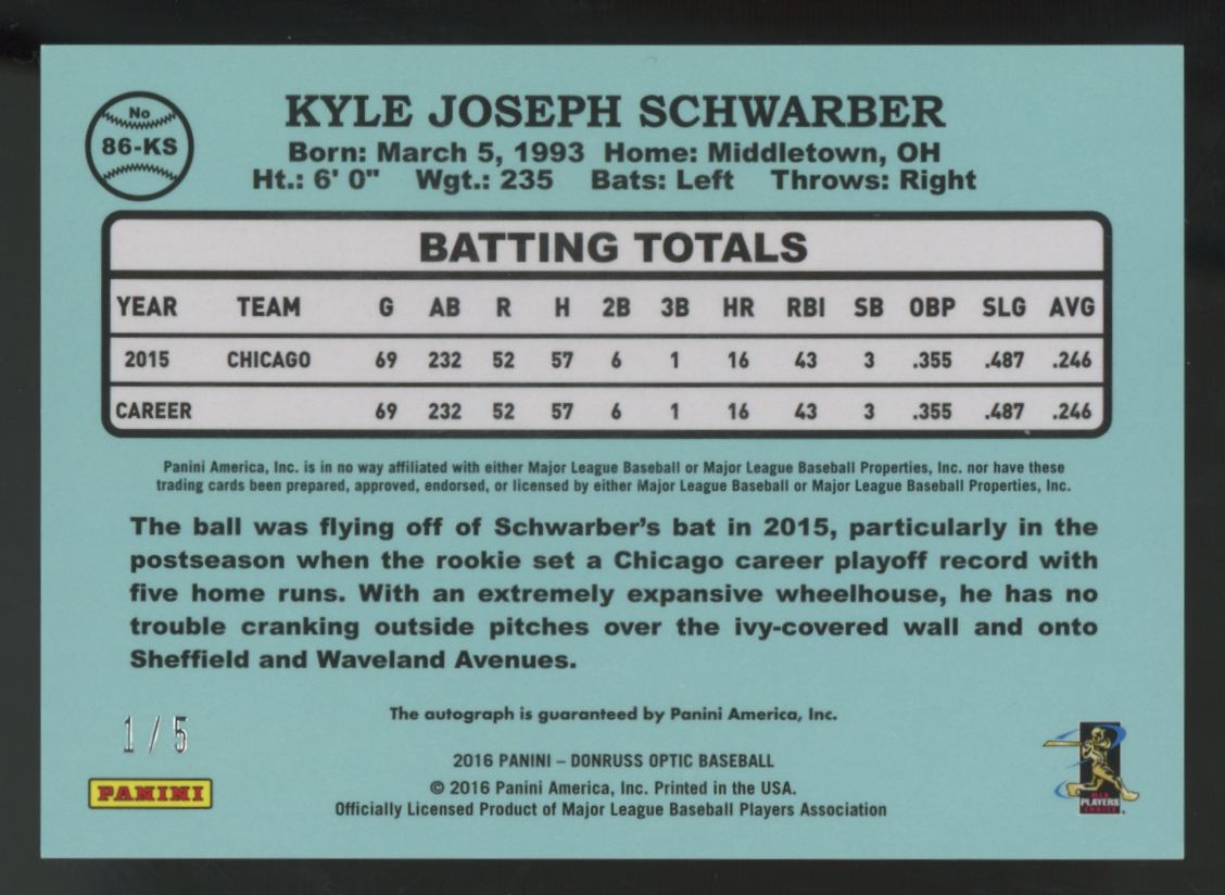 2016 Donruss Optic Kyle Schwarber RC Rated Rookie 1986 Black Auto /5 #86-KS
