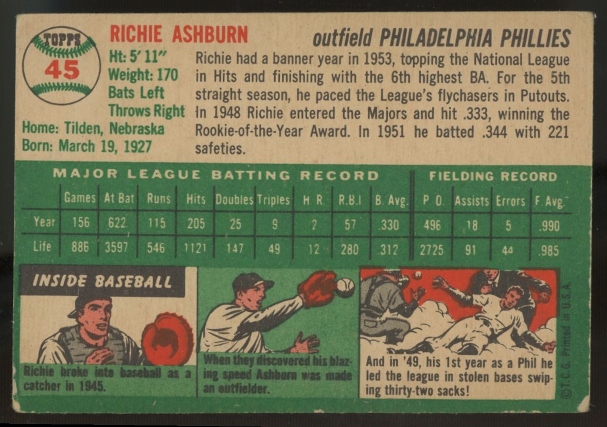 1954 Topps Richie Ashburn #45 VG+
