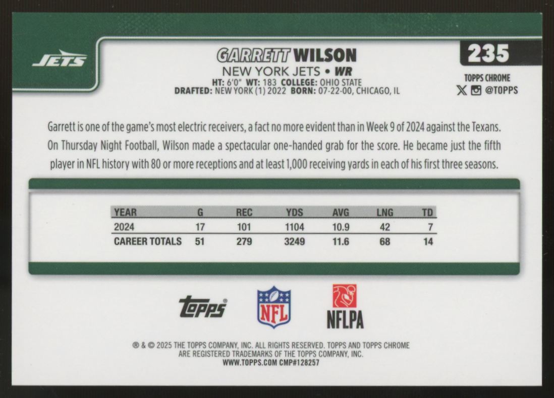 2025 Topps Chrome Garrett Wilson Football Leather Orange /25 #235
