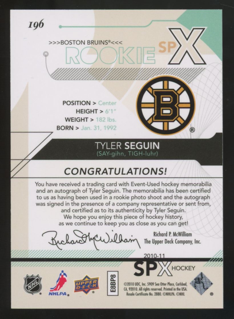2010-11 Upper Deck SPX Tyler Seguin RC Patch Auto RPA /499 #196