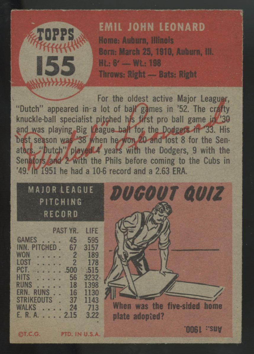 1953 Topps Dutch Leonard #155 EX/MT