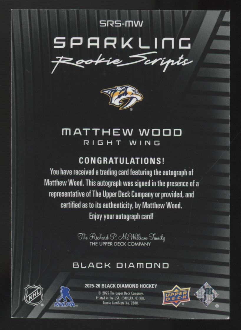 2025-26 UD Black Diamond Matthew Wood RC Sparkling Rookie Scripts Auto #SRS-MW