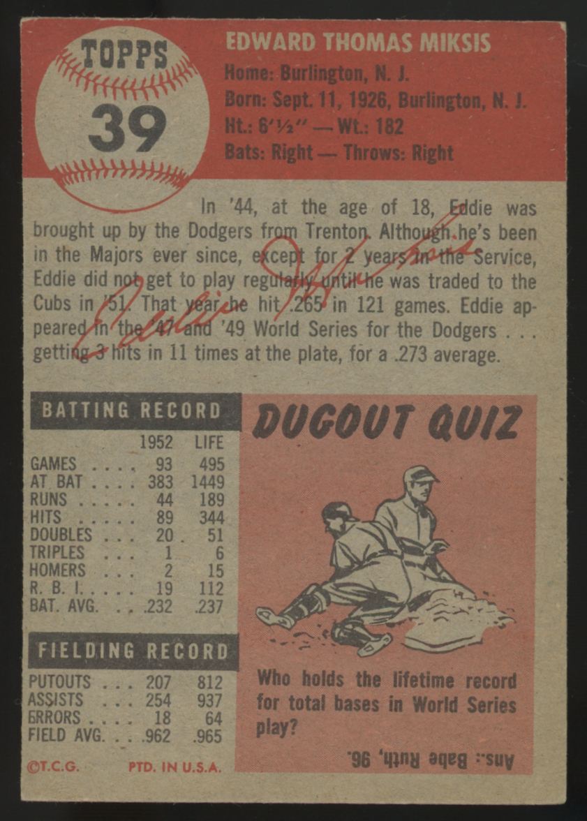 1953 Topps Eddie Miksis #39 EX+