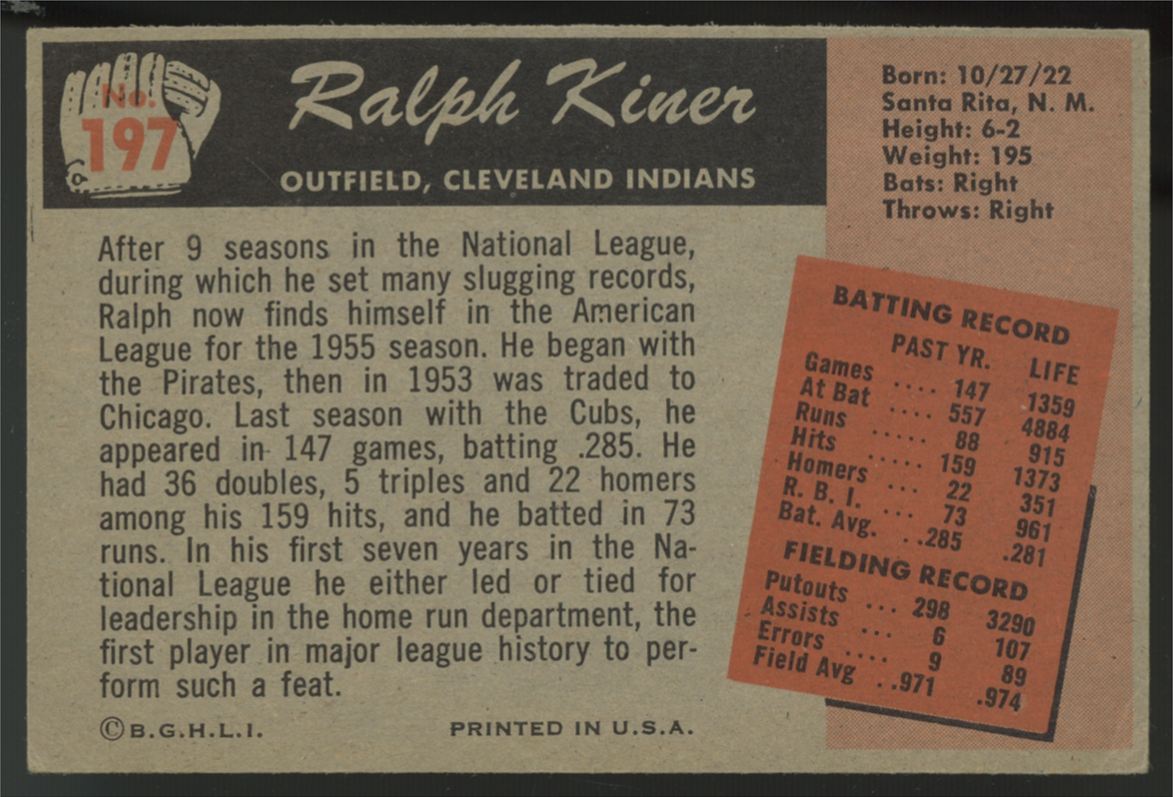 1955 Bowman Ralph Kiner #197 VG-EX