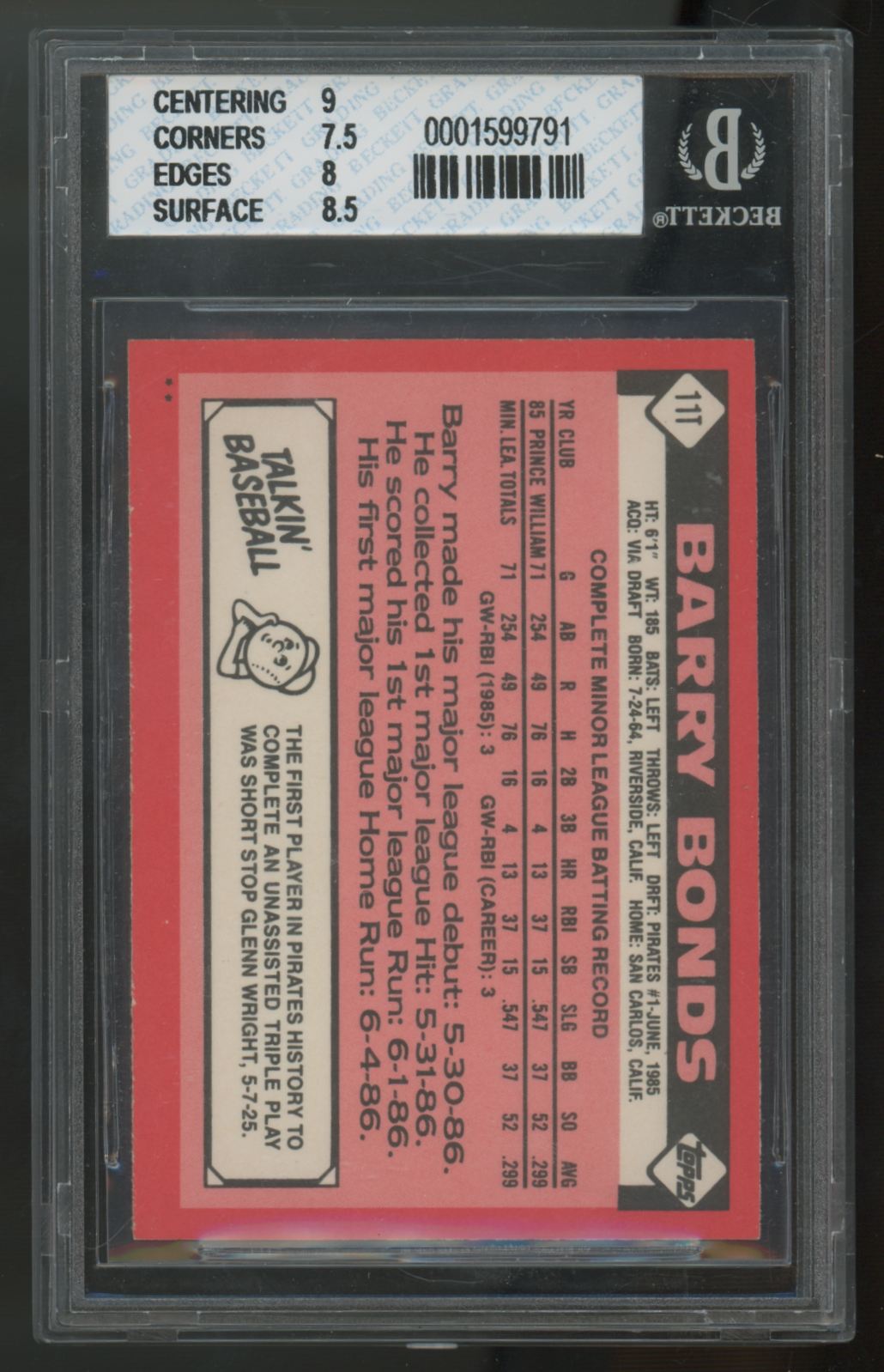 1986 Topps Traded Barry Bonds RC #11T BGS 8 *791