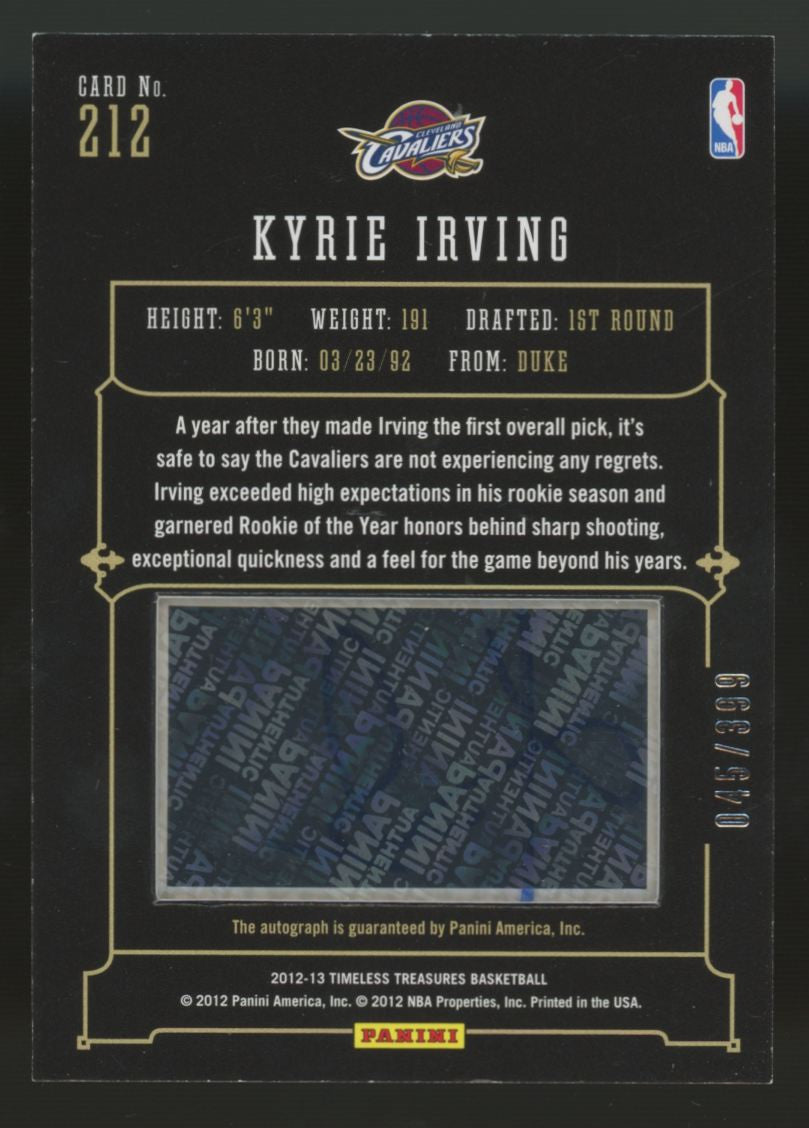 2012/13 Timeless Treasures Kyrie Irving RC Glass Rookie Auto /399 #212