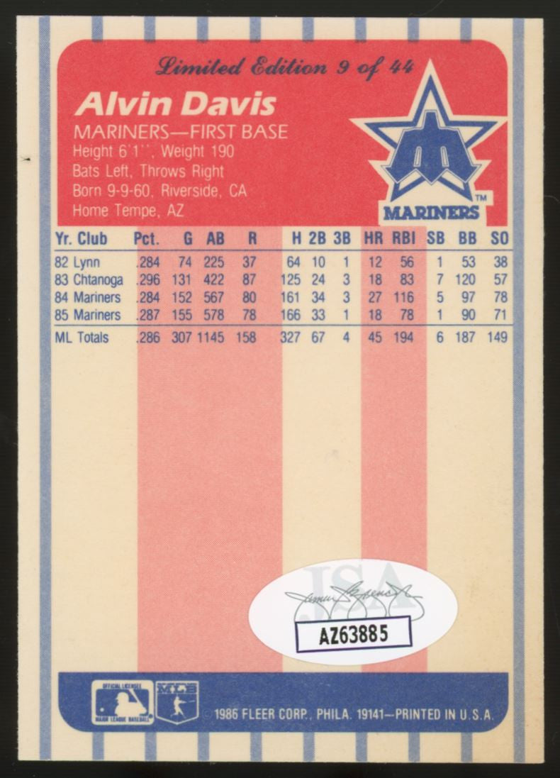 1986 Fleer Limited Edition Alvin Davis #9 Signed Auto JSA