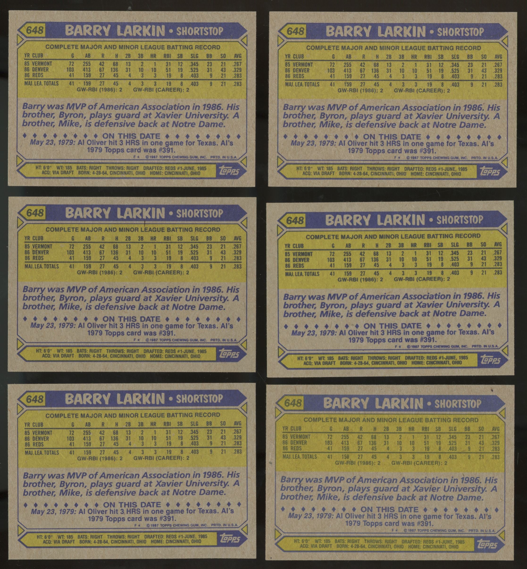 1987 Topps Barry Larkin RC #648 (Lot of 50)