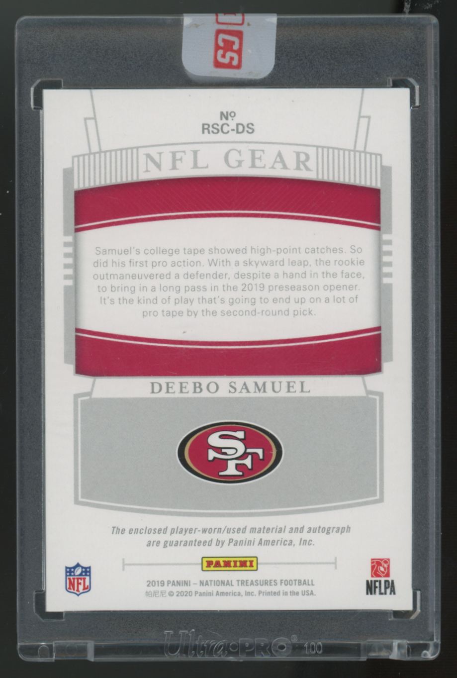 2019 National Treasures Deebo Samuel RC Prime NFL Gear Dual Patch Auto RPA /25