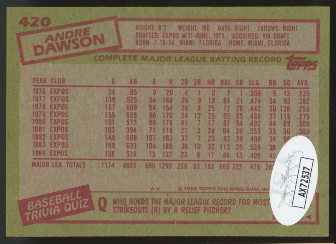 1985 Topps Andre Dawson Signed Autographed #420 JSA
