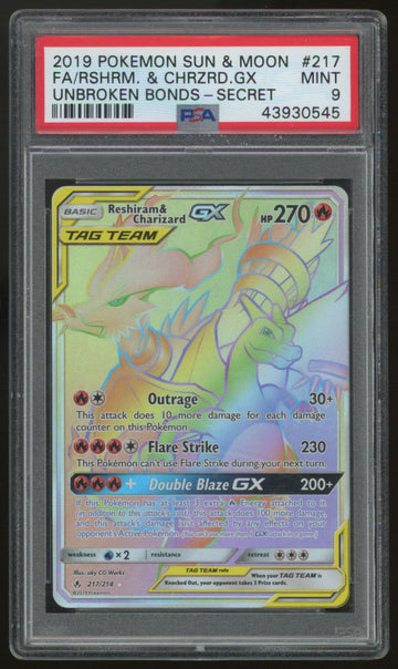 2019 Pokemon Reshiram & Charizard GX Unbroken Bonds Secret Full Art #217 PSA 9