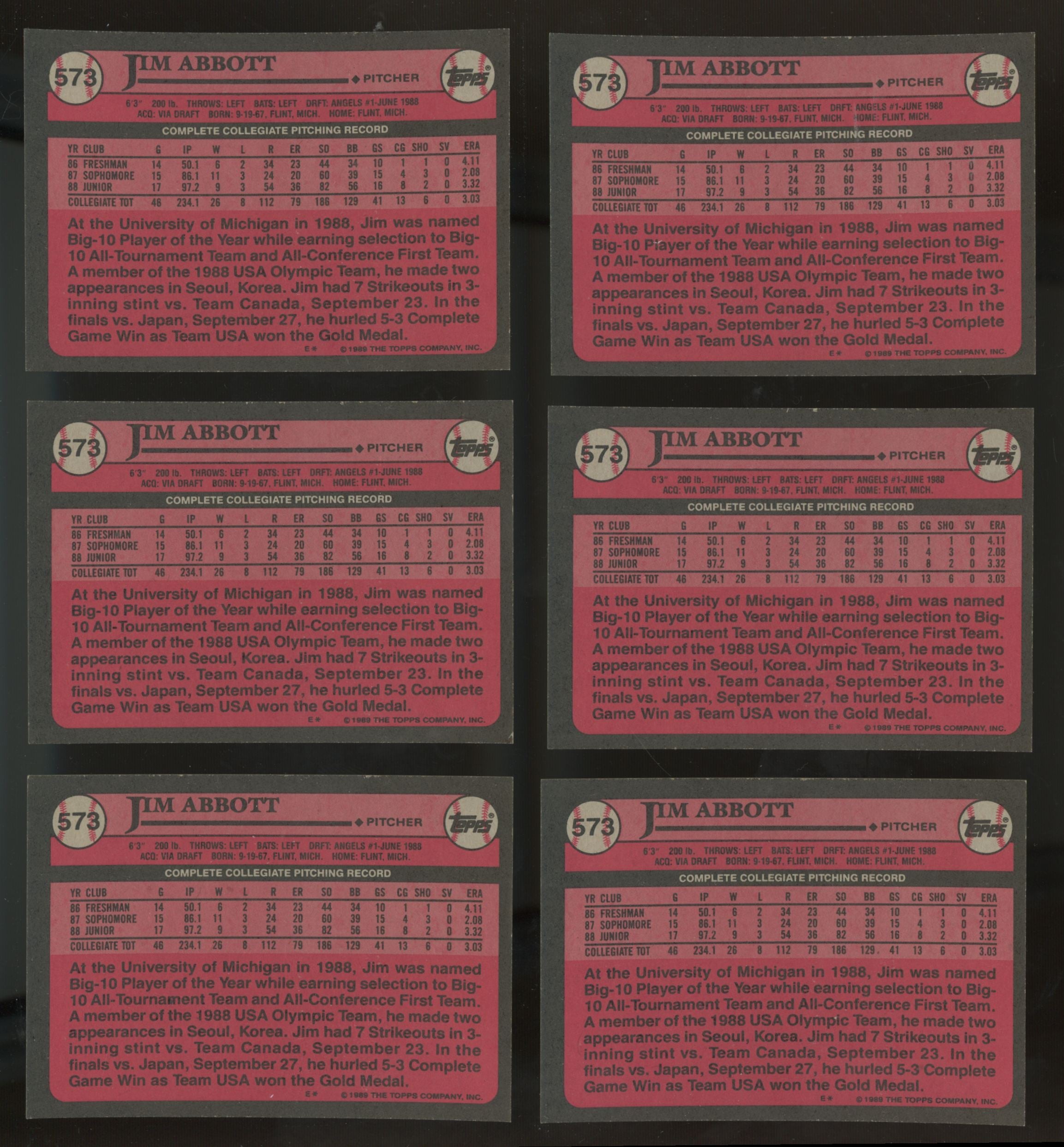 1989 Topps Jim Abbott RC #1 Draft Pick #573 (Lot Of 50)