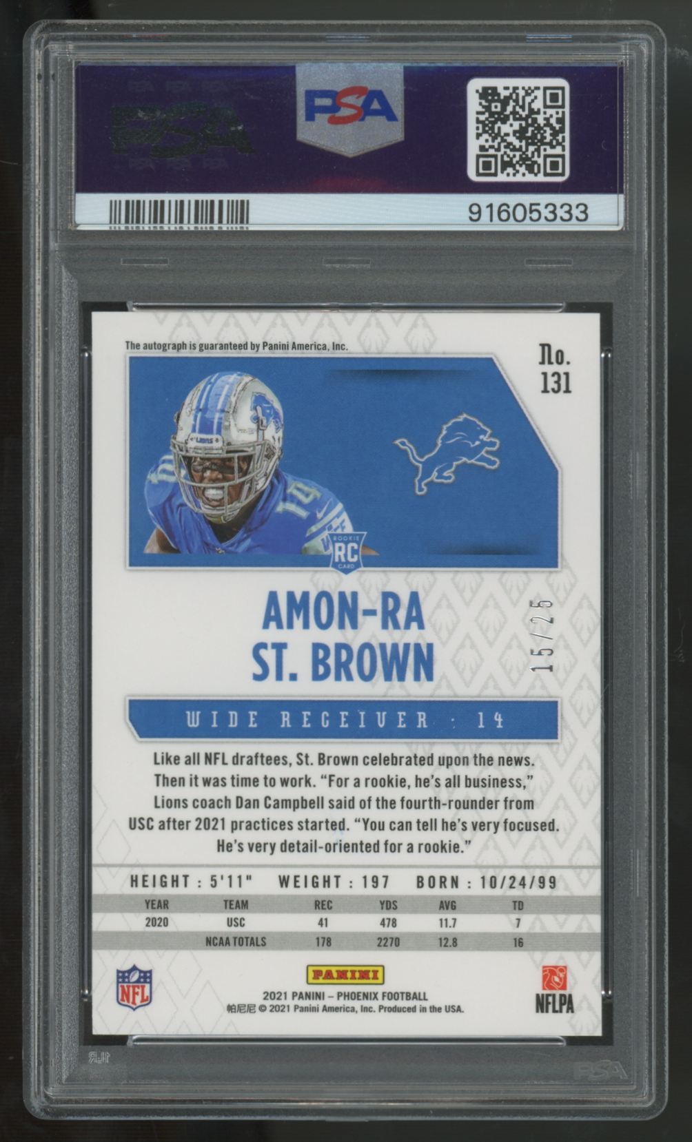 2021 Panini Phoenix Amon-Ra St. Brown RC Orange Auto /25 #131 PSA 9