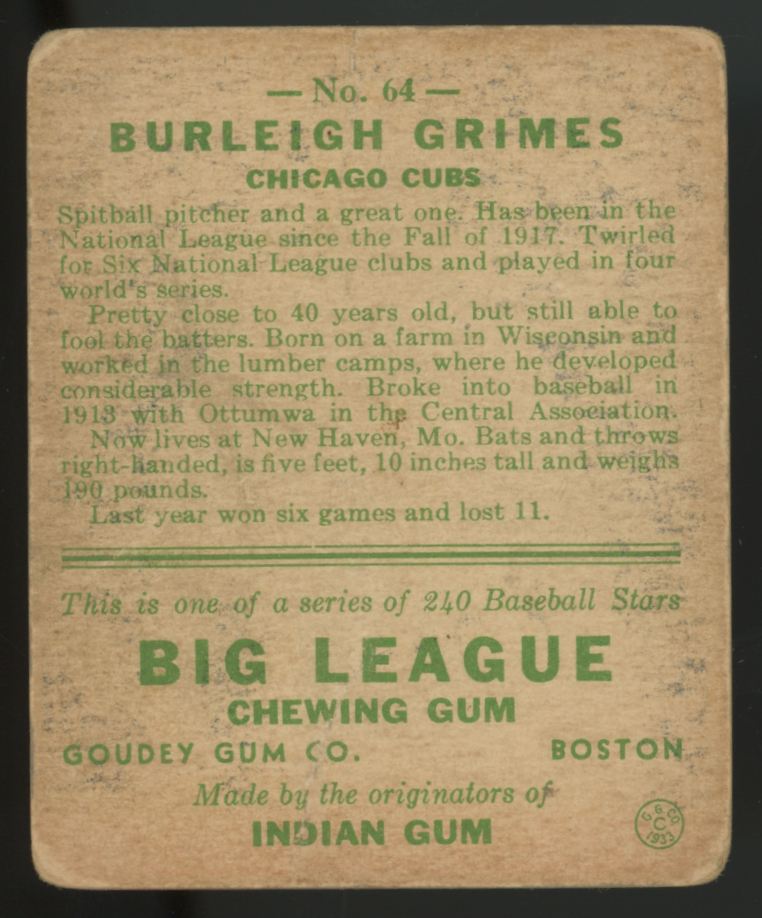 1933 Goudey Burleigh Grimes #64 Poor