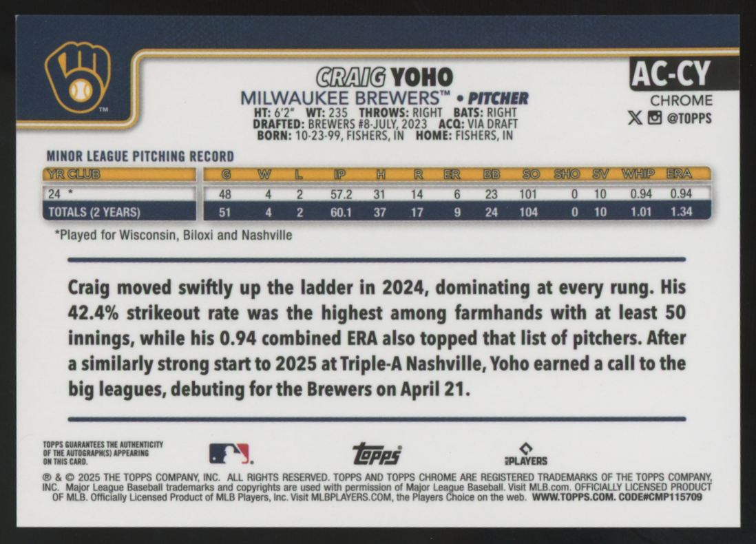 2025 Topps Chrome Craig Yoho RC Gold Wave Auto /50 #AC-CY