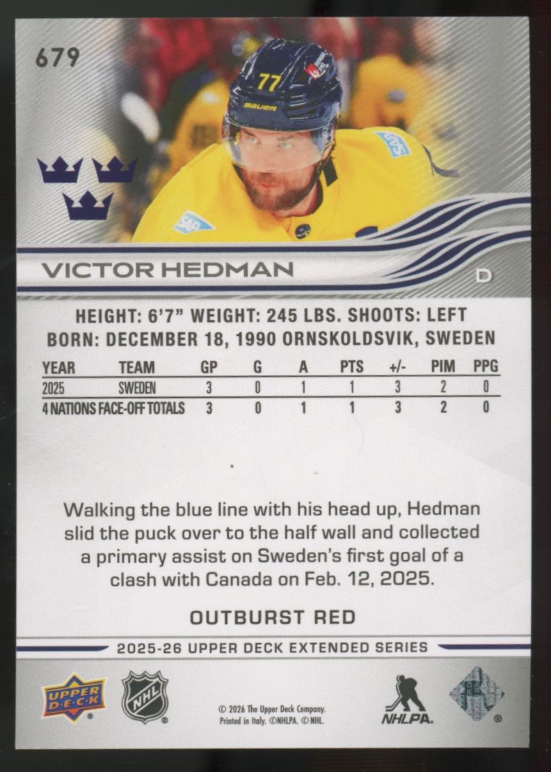 2025-26 Upper Deck Extended Series Victor Hedman Outburst Red /25 #679