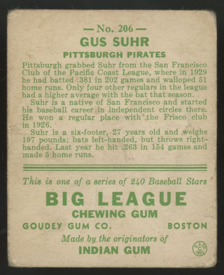 1933 Goudey Gus Suhr #206 F/G