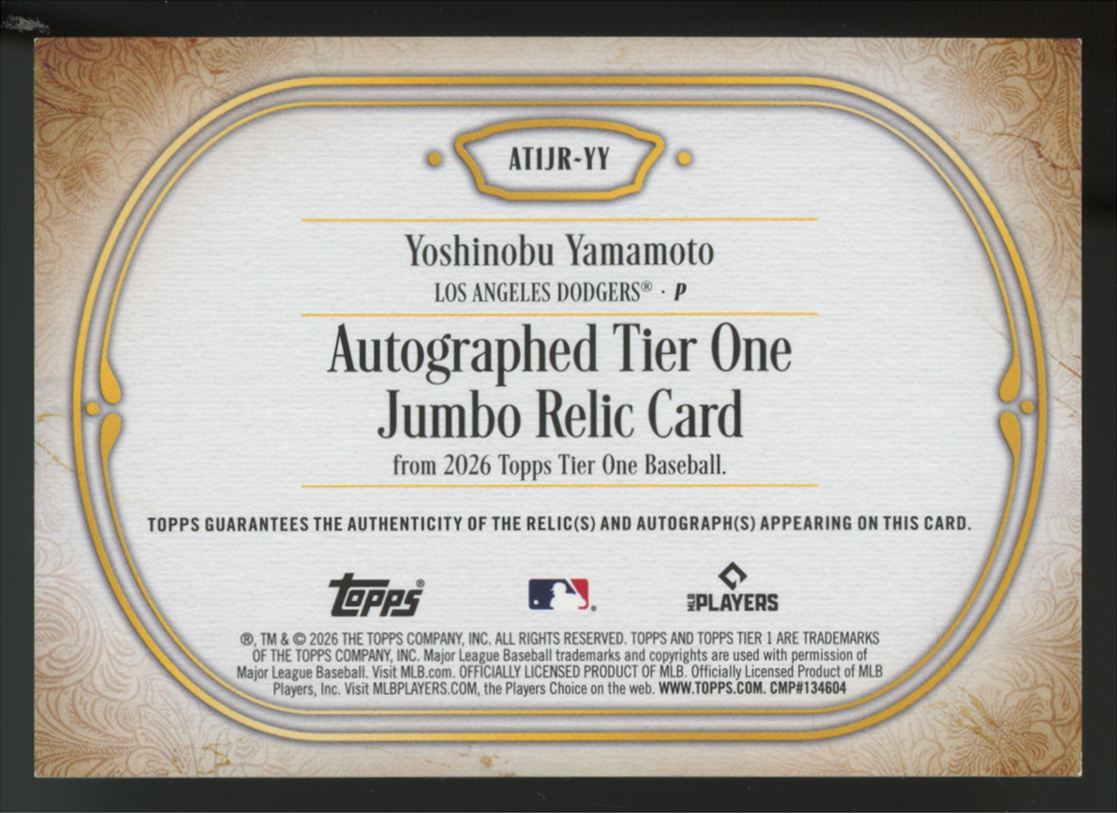 2026 Topps Tier One Yoshinobu Yamamoto Jumbo Patch Auto /199 #AT1JR-YY