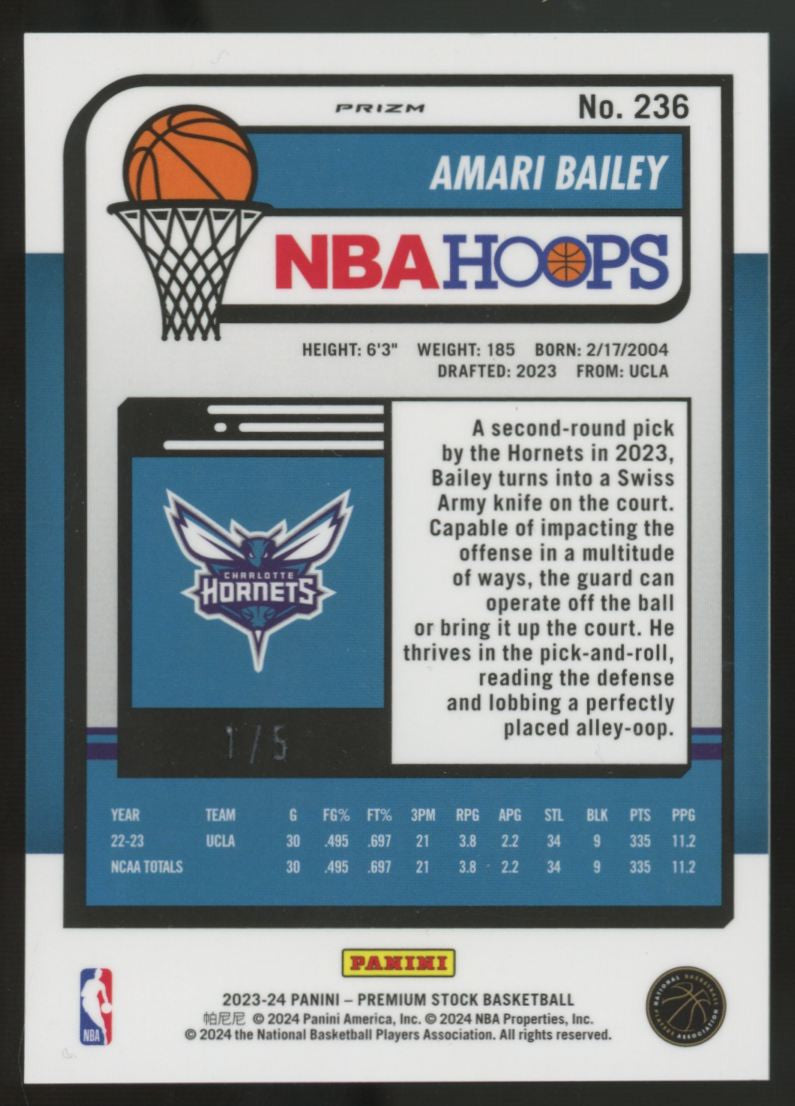 2023-24 Panini Premium Stock Amari Bailey RC Neon Green Prizm /5 #236