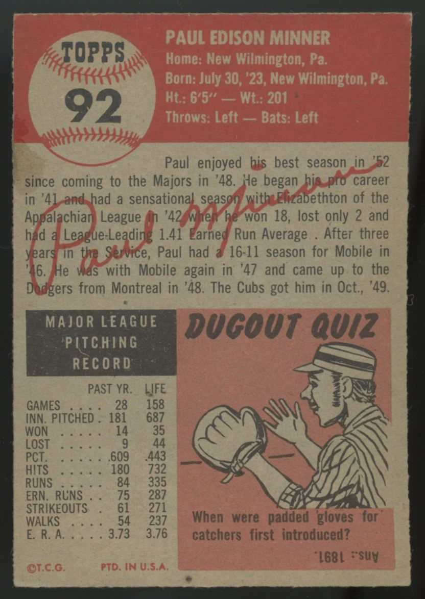1953 Topps Paul Minner #92 VG-VG/EX