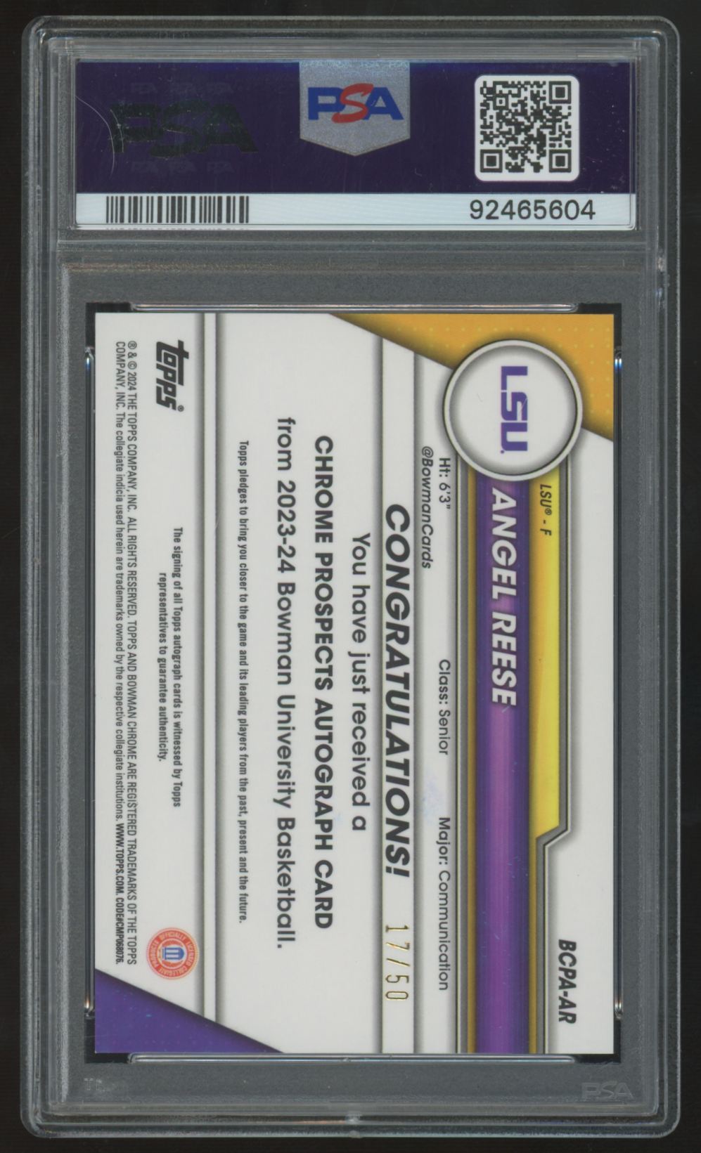 2023-24 Bowman Chrome U Angel Reese 1st Gold Auto /50 #BCPA-AR PSA 9 8