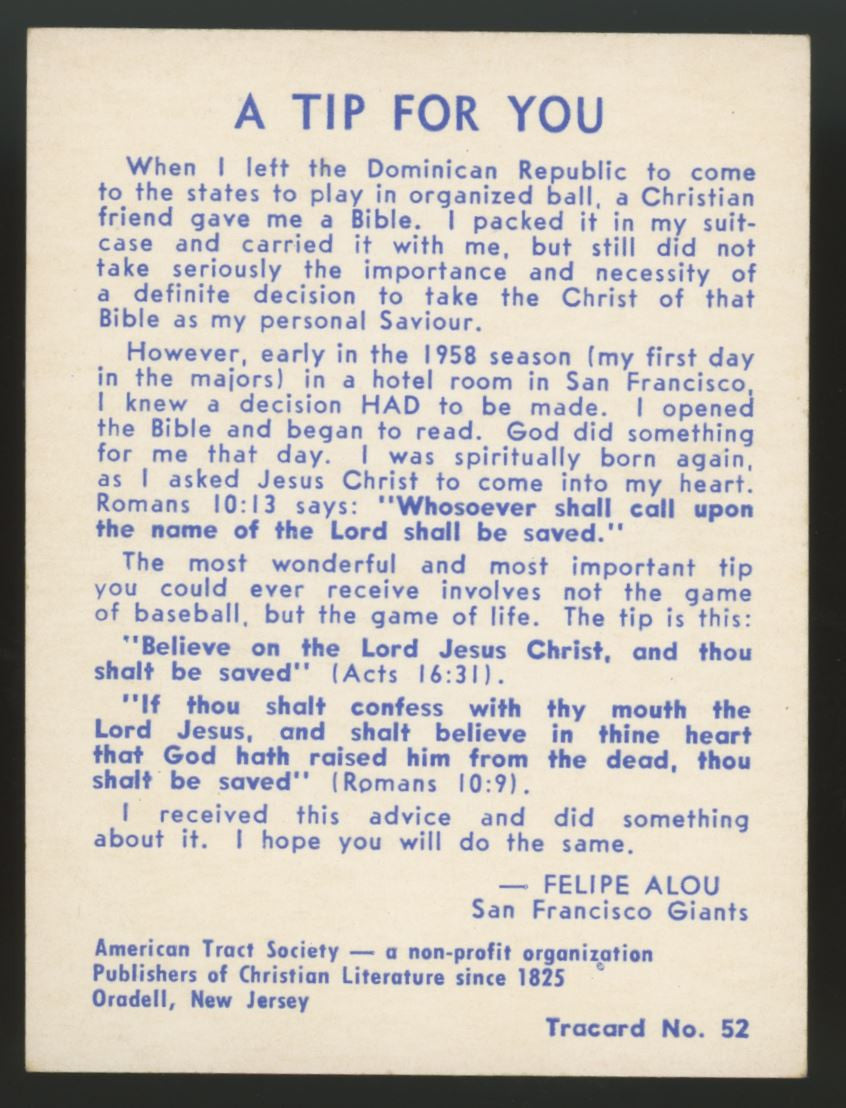 1961-66 American Tract Society Felipe Alou Tracard #52B Blue Print EX+