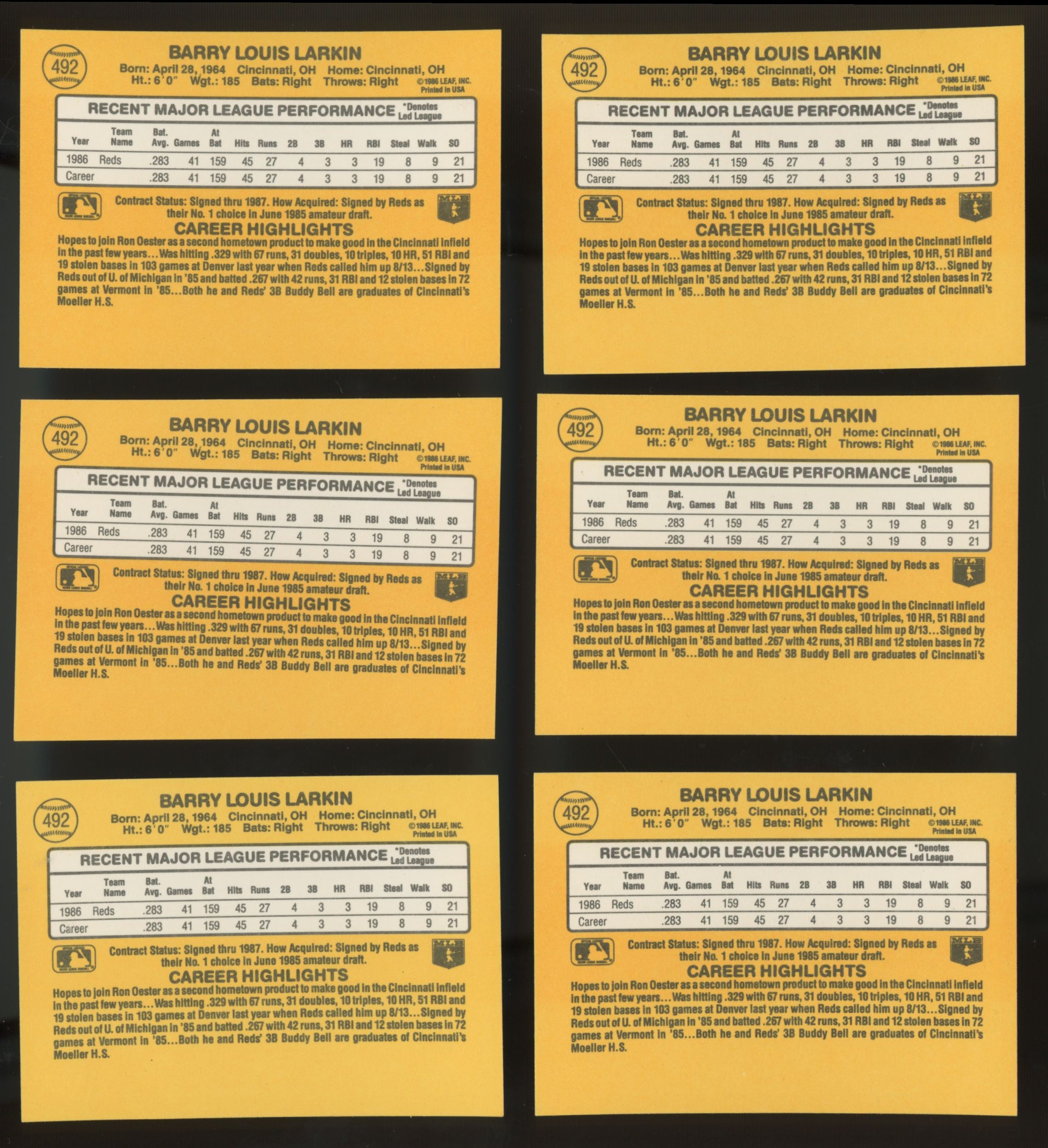 1987 Donruss Barry Larkin RC #492 (Lot of 33)