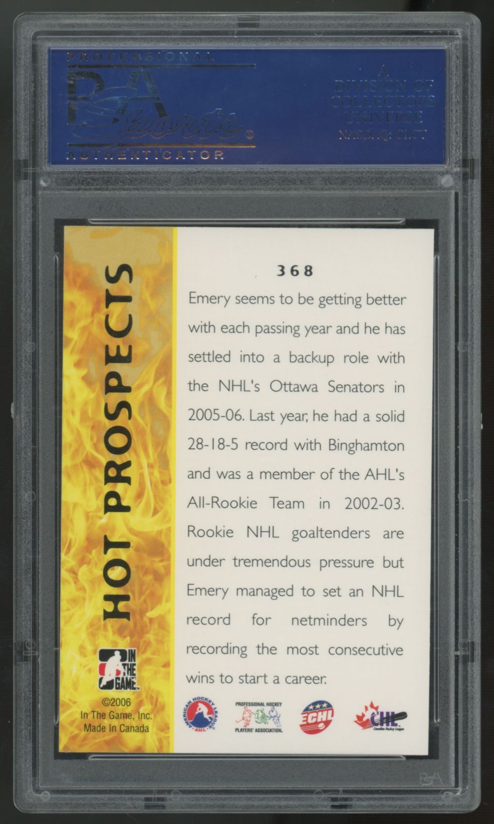 2005-06 In The Game Ray Emery Heroes & Prospects #368 PSA 10