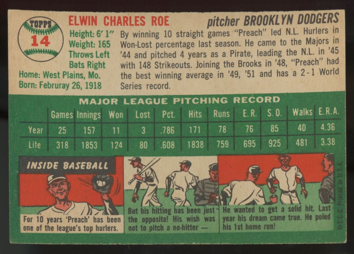 1954 Topps Preacher Roe #14 NM