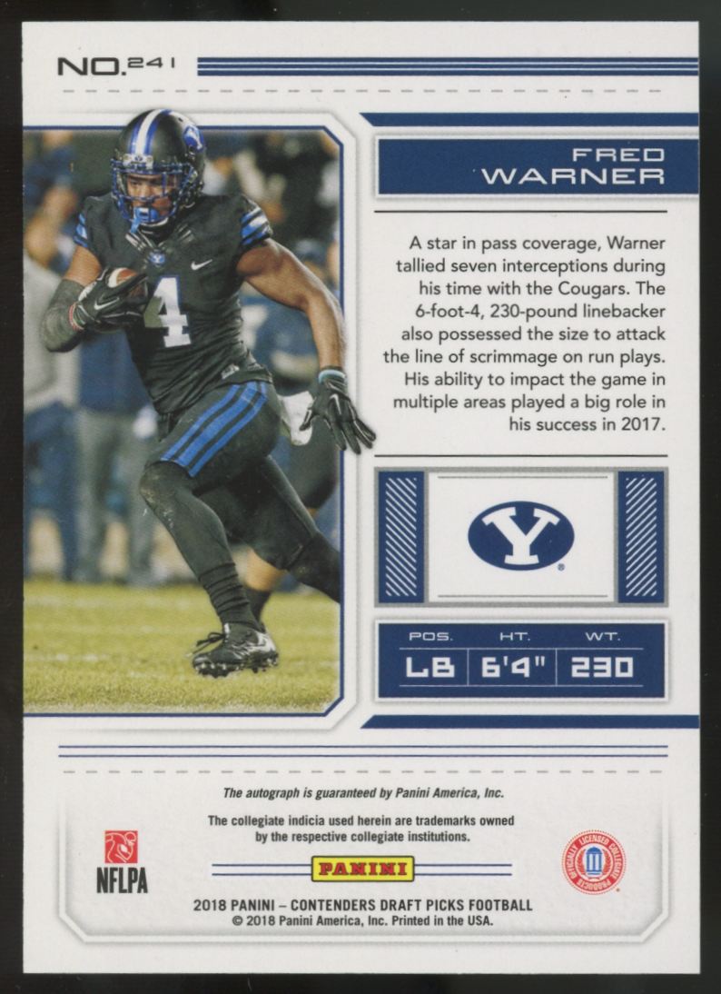 2018 Panini Contenders Draft Picks Fred Warner RC Auto #241