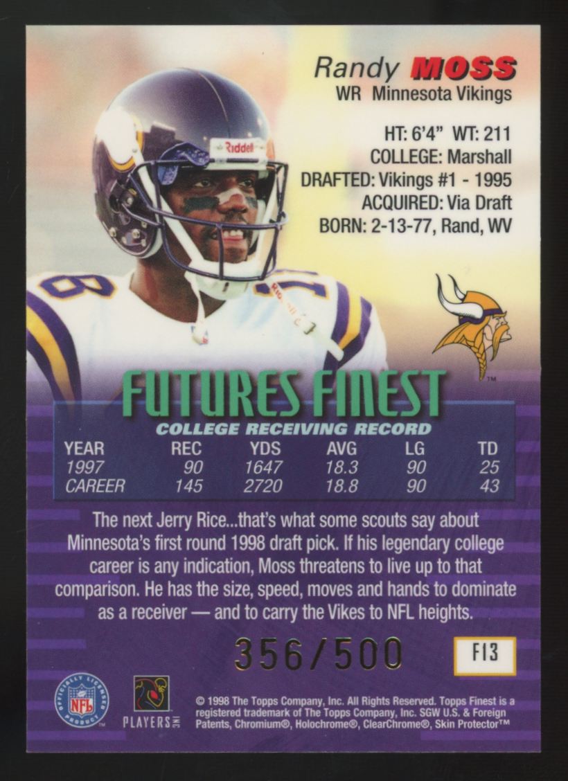 1998 Topps Finest Randy Moss RC Futures Finest With Coating /500 #F13