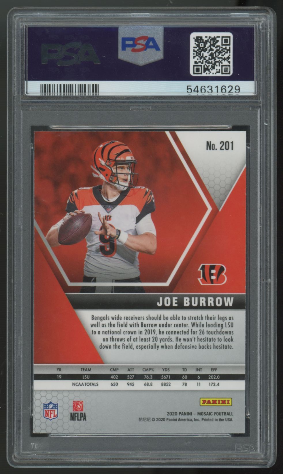 2020 Panini Mosaic Joe Burrow RC #201 PSA 10