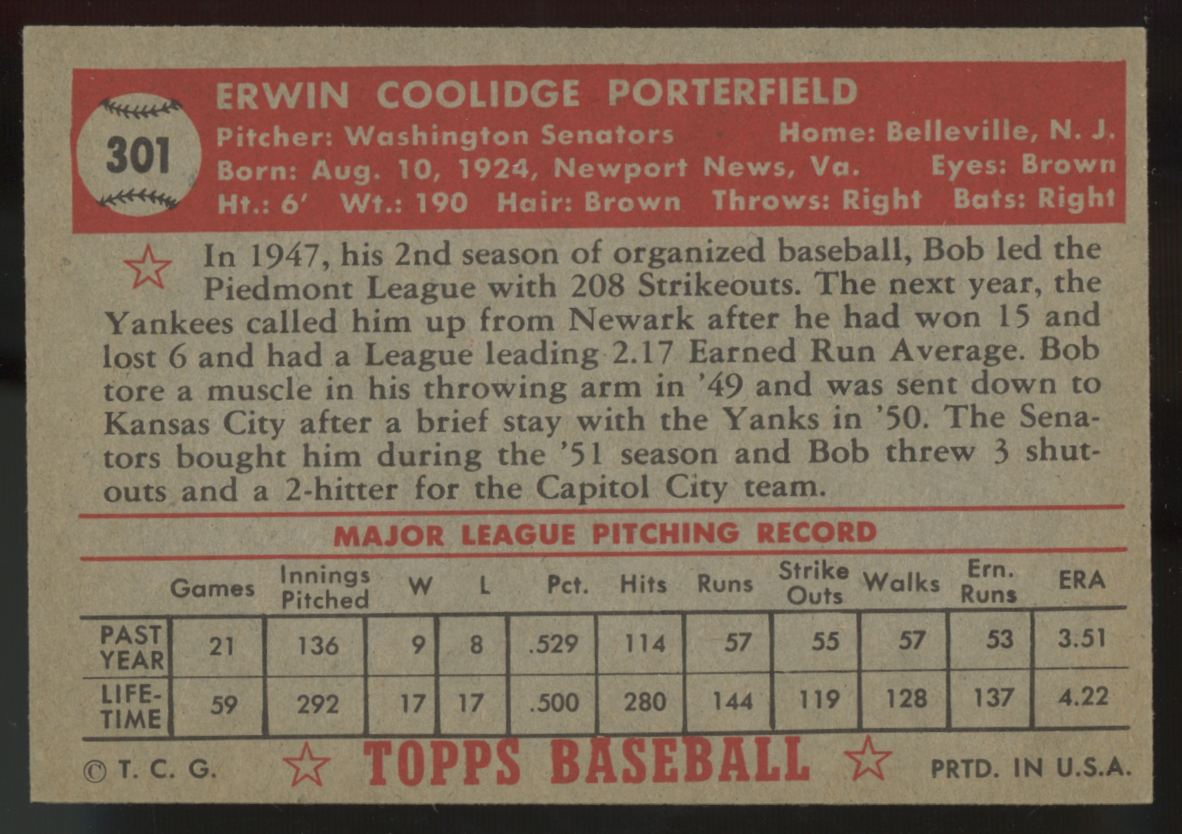 1952 Topps Bob Porterfield #301 EX-MT