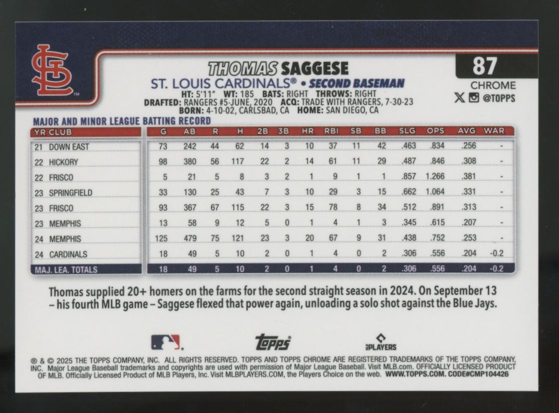 2025 Topps Chrome Thomas Saggese RC Orange Wave /25 #87