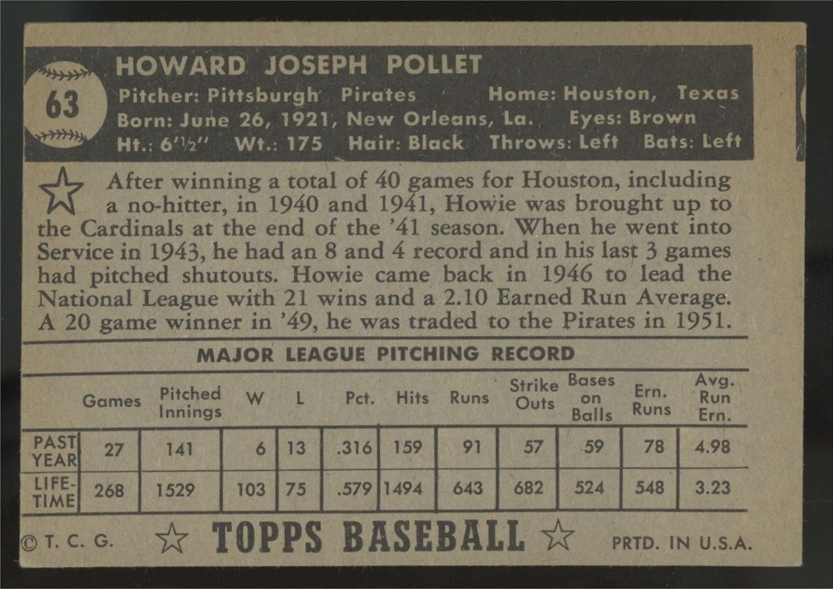 1952 Topps Howie Pollet Black Back #63 Good