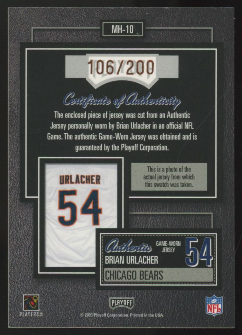 2003 Playoff Hogg Heaven Brian Urlacher Copper Material Hoggs Patch /200 #MH-10