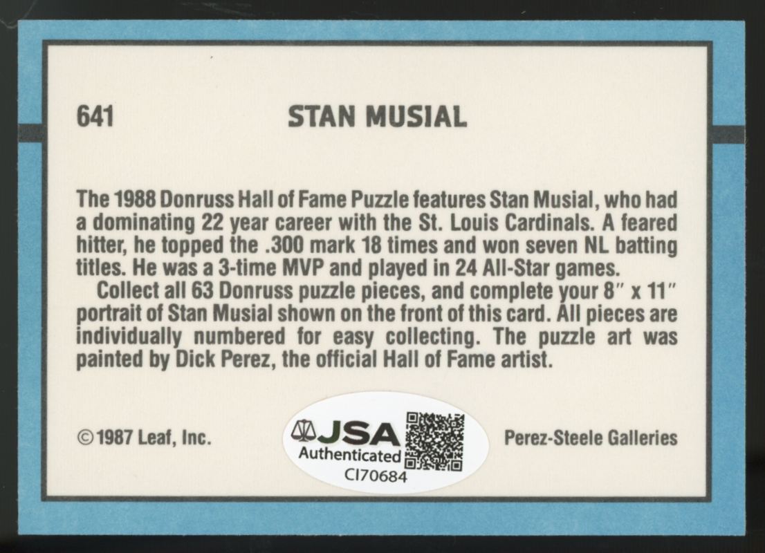 1988 Donruss  Stan Musial Puzzle Signed IP Auto #641 JSA Authentic