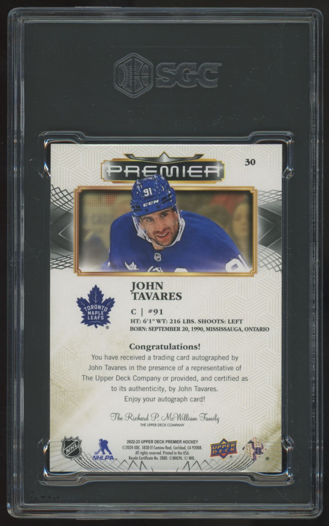 2022-23 Upper Deck Premier John Tavares Gold Auto /25 #30 SGC 9.5