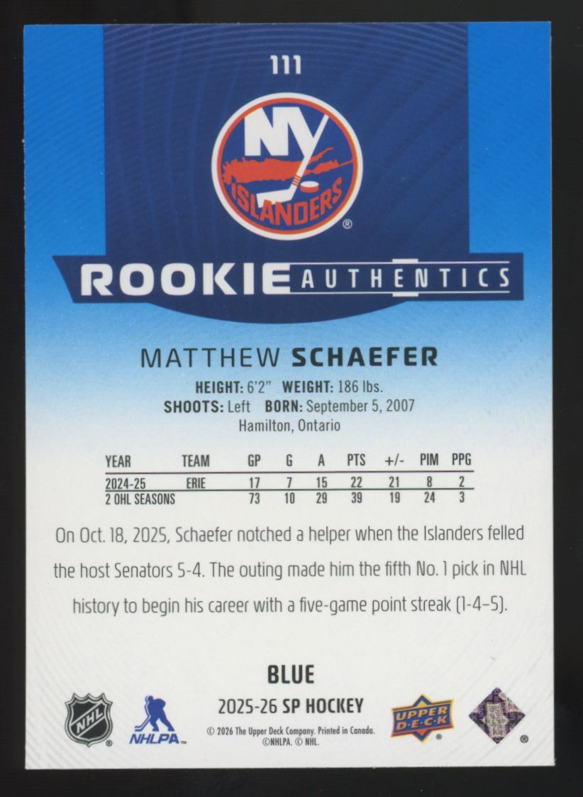 2025-26 Upper Deck SP Matthew Schaefer RC Blue Rookie Authentics #111