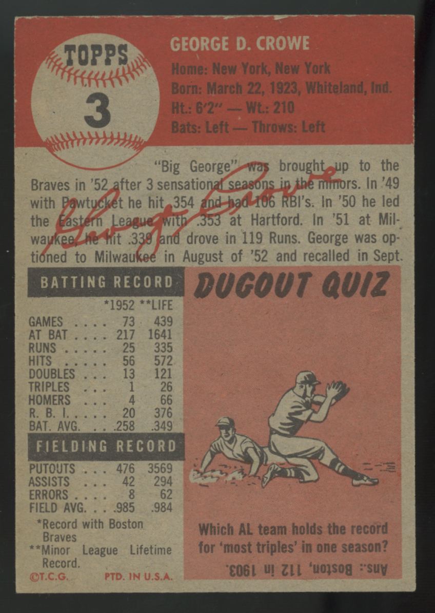 1953 Topps George Crowe #3 EX/MT