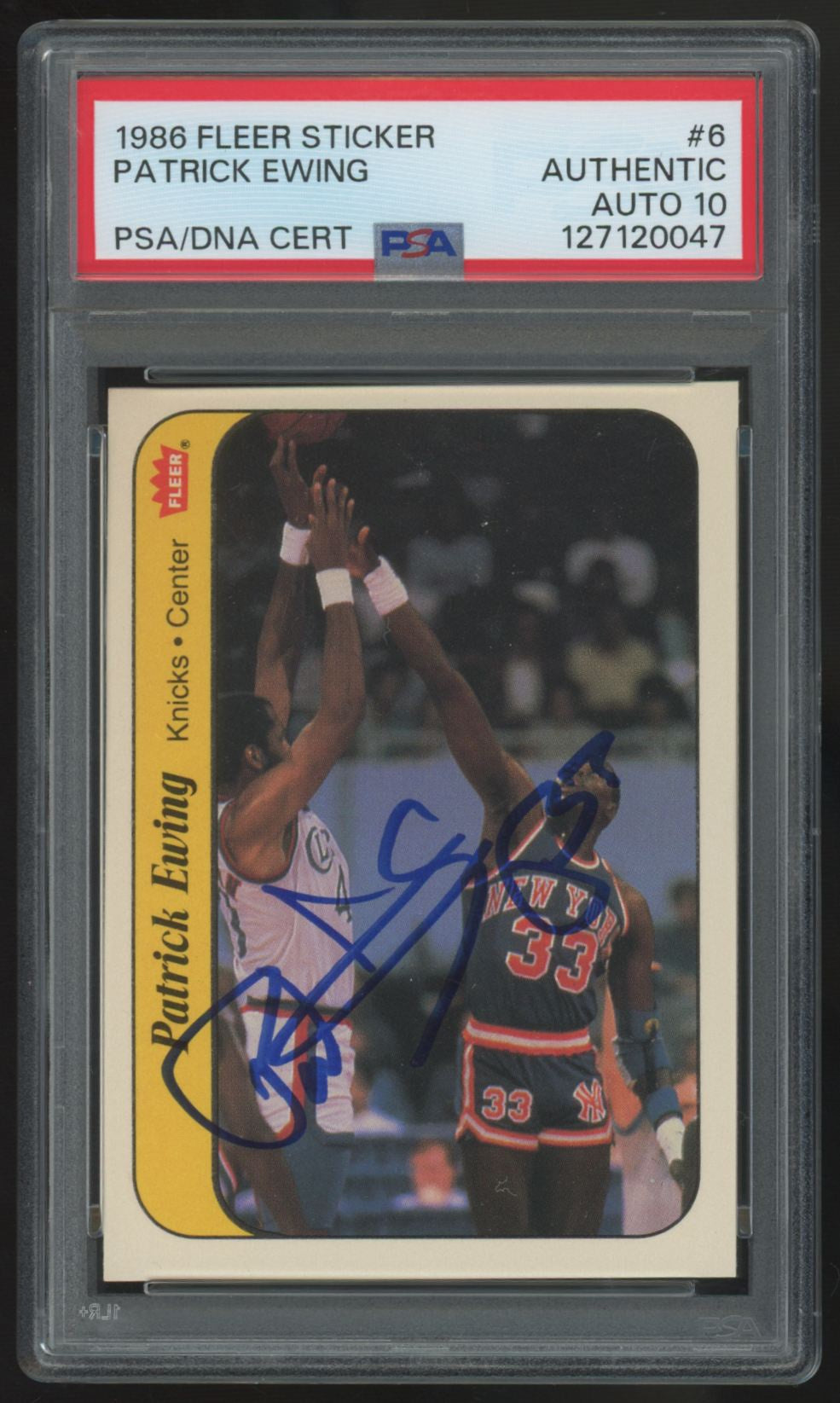 1986-97 Fleer Sticker Patrick Ewing RC Signed Auto #6 PSA Authentic Auto 10